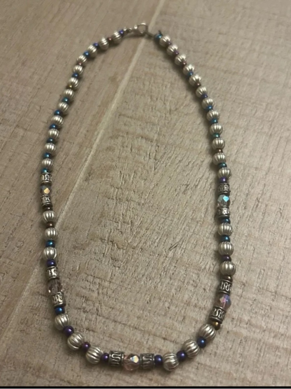 Beaded Necklace with Iridescent Accents - Silver and Purple